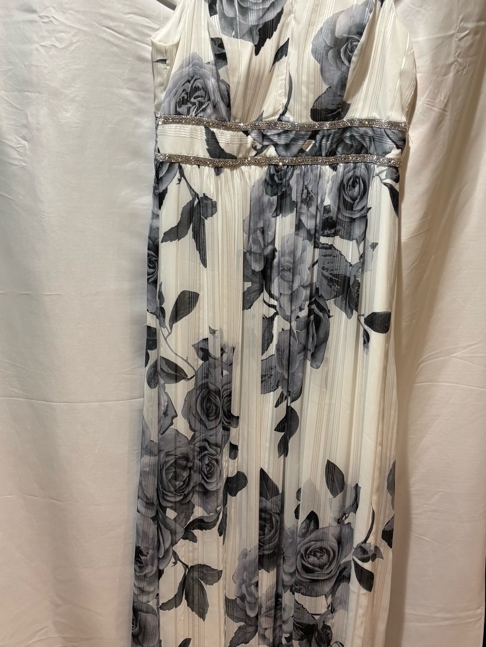 R&M Richards White Maxi Dress with Black Rose Print